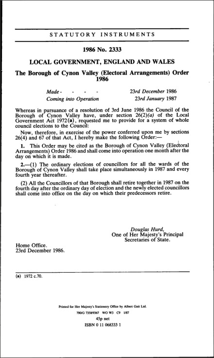 The Borough of Cynon Valley (Electoral Arrangements) Order 1986