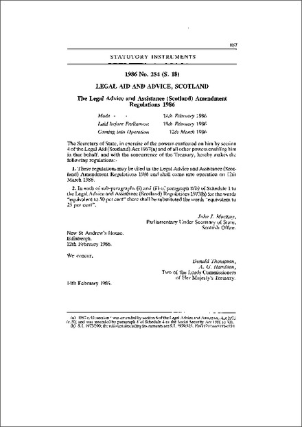 The Legal Advice and Assistance (Scotland) Amendment Regulations 1986
