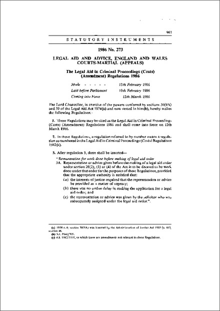 The Legal Aid in Criminal Proceedings (Costs) (Amendment) Regulations 1986