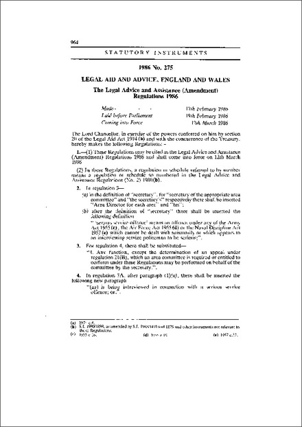 The Legal Advice and Assistance (Amendment) Regulations 1986