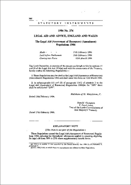 The Legal Aid (Assessment of Resources) (Amendment) Regulations 1986