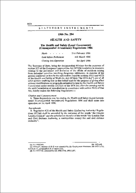 The Health and Safety (Local Government) (Consequential Amendment) Regulations 1986