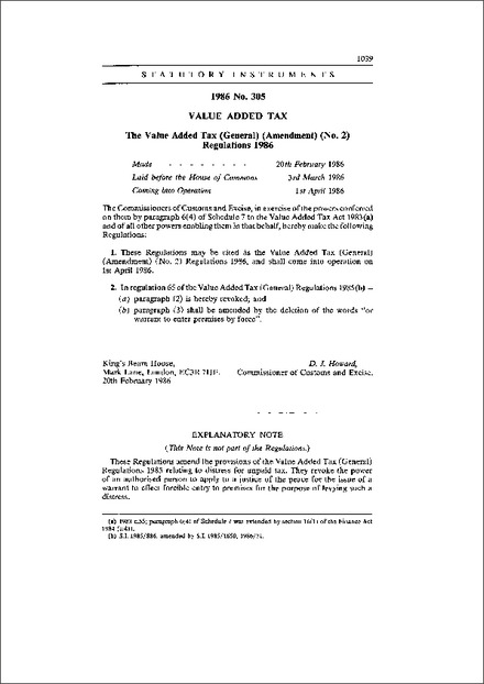 The Value Added Tax (General) (Amendment) (No. 2) Regulations 1986