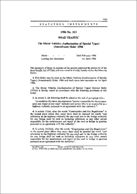 The Motor Vehicles (Authorisation of Special Types) (Amendment) Order 1986