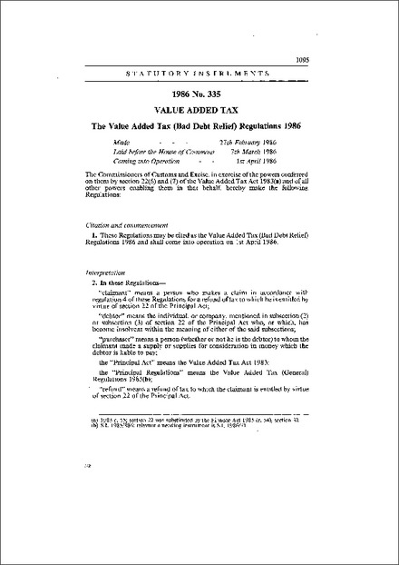 The Value Added Tax (Bad Debt Relief) Regulations 1986