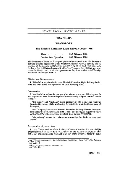 The Bluebell Extension Light Railway Order 1986