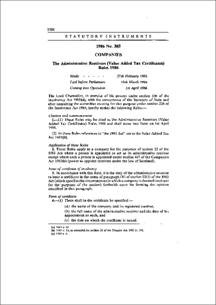 The Administrative Receivers (Value Added Tax Certificates) Rules 1986