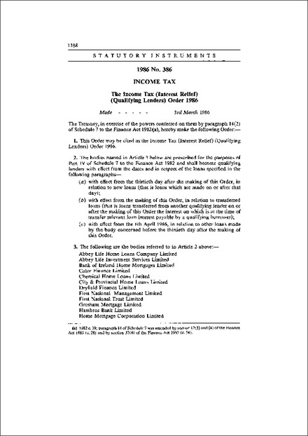 The Income Tax (Interest Relief) (Qualifying Lenders) Order 1986