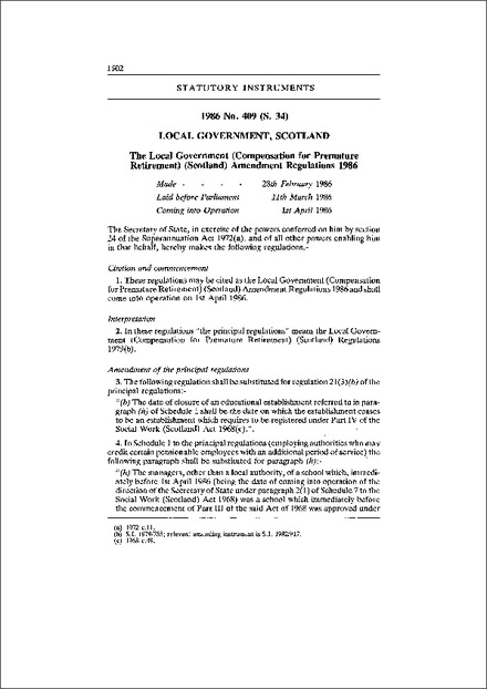 The Local Government (Compensation for Premature Retirement) (Scotland) Amendment Regulations 1986