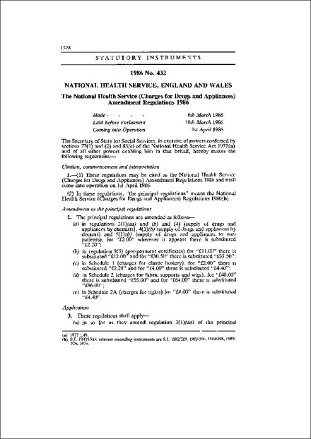 The National Health Service (Charges for Drugs and Appliances) Amendment Regulations 1986