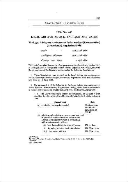 The Legal Advice and Assistance at Police Stations (Remuneration) (Amendment) Regulations 1986