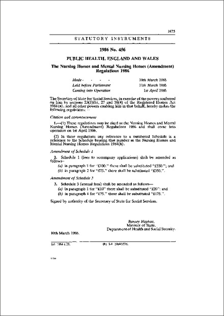 The Nursing Homes and Mental Nursing Homes (Amendment) Regulations 1986