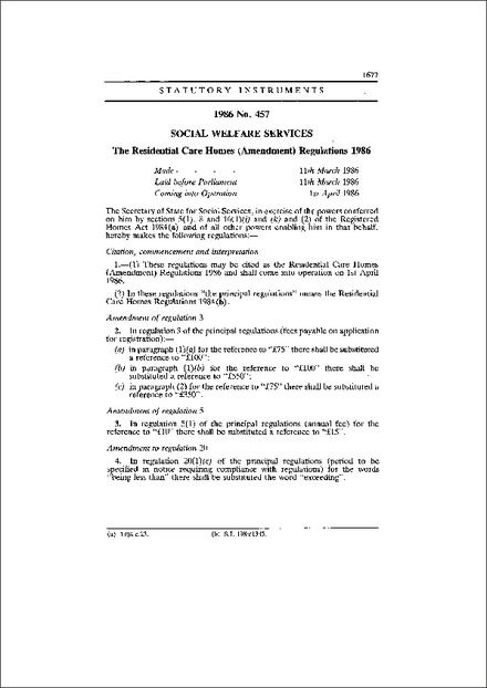 The Residential Care Homes (Amendment) Regulations 1986