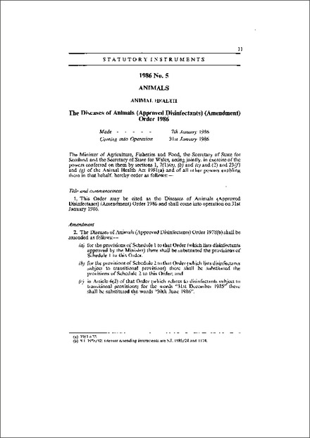 The Diseases of Animals (Approved Disinfectants) (Amendment) Order 1986
