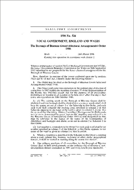 The Borough of Blaenau Gwent (Electoral Arrangements) Order 1986