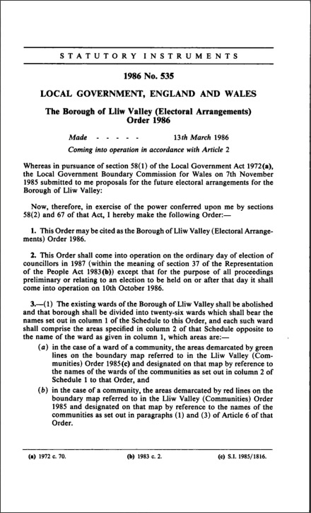 The Borough of Lliw Valley (Electoral Arrangements) Order 1986