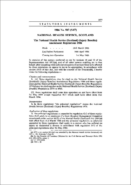 The National Health Service (Scotland) (Injury Benefits) Amendment Regulations 1986