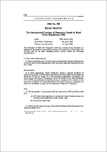 The International Carriage of Dangerous Goods by Road (Fees) Regulations 1986