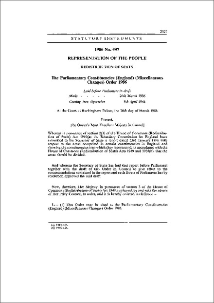 The Parliamentary Constituencies (England) (Miscellaneous Changes) Order 1986