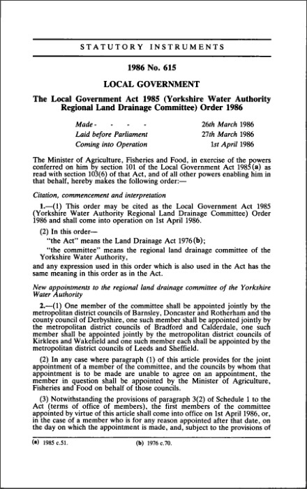 The Local Government Act 1985 (Yorkshire Water Authority Regional Land Drainage Committee) Order 1986