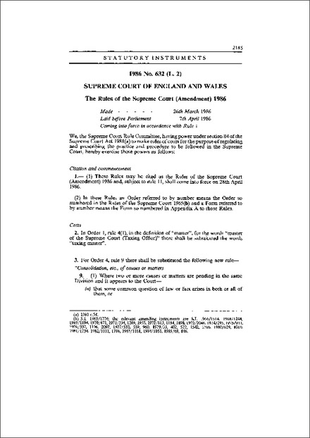 The Rules of the Supreme Court (Amendment) 1986