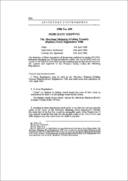 The Merchant Shipping (Fishing Vessels) (Radios) (Fees) Regulations 1986