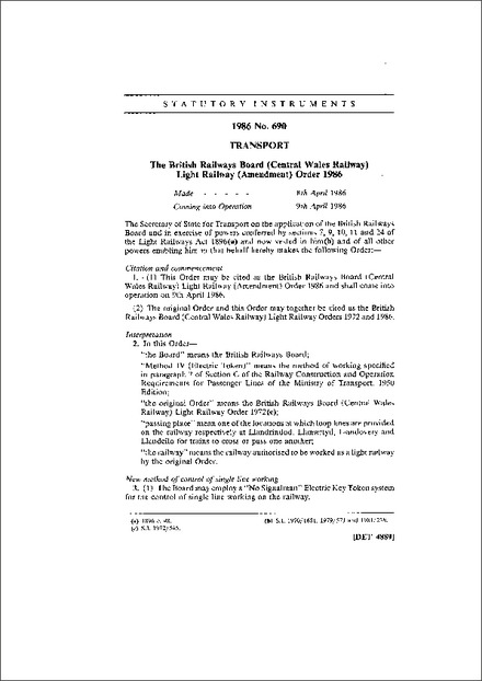 The British Railways Board (Central Wales Railway) Light Railway (Amendment) Order 1986