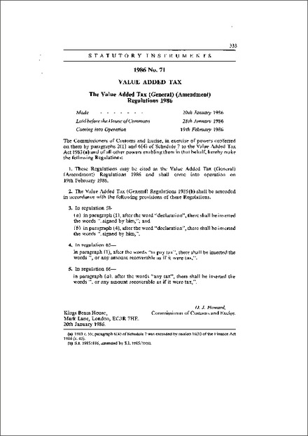 The Value Added Tax (General) (Amendment) Regulations 1986