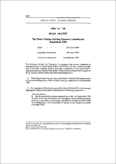 The Motor Vehicles (Driving Licences) (Amendment) Regulations 1986