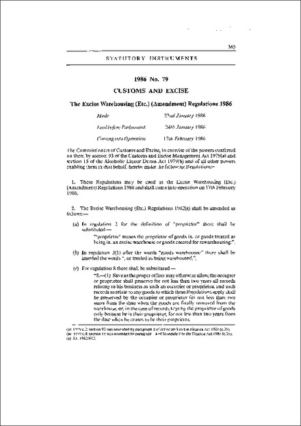 The Excise Warehousing (Etc.) (Amendment) Regulations 1986