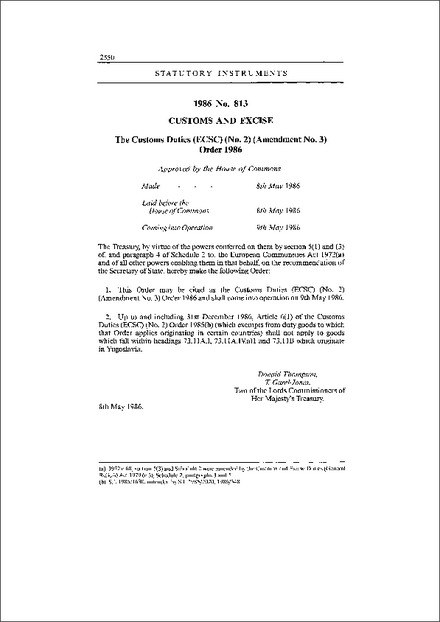 The Customs Duties (ECSC) (No. 2) (Amendment No. 3) Order 1986
