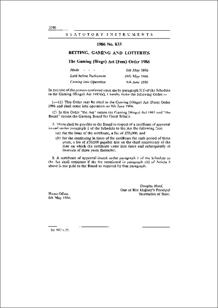 The Gaming (Bingo) Act (Fees) Order 1986