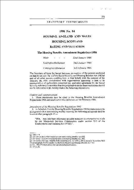 The Housing Benefits Amendment Regulations 1986