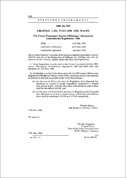 The Crown Prosecution Service (Witnesses' Allowances) (Amendment) Regulations 1986