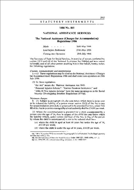The National Assistance (Charges for Accommodation) Regulations 1986