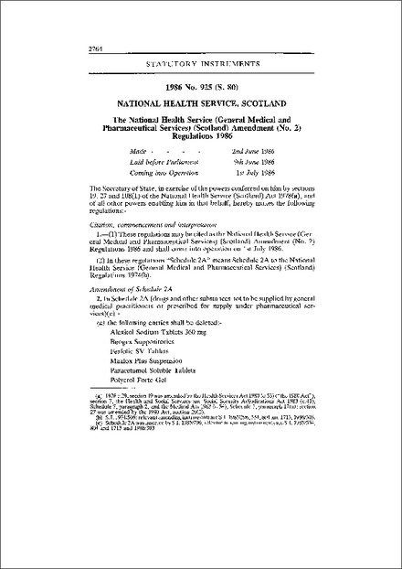 The National Health Service (General Medical and Pharmaceutical Services) (Scotland) Amendment (No. 2) Regulations 1986