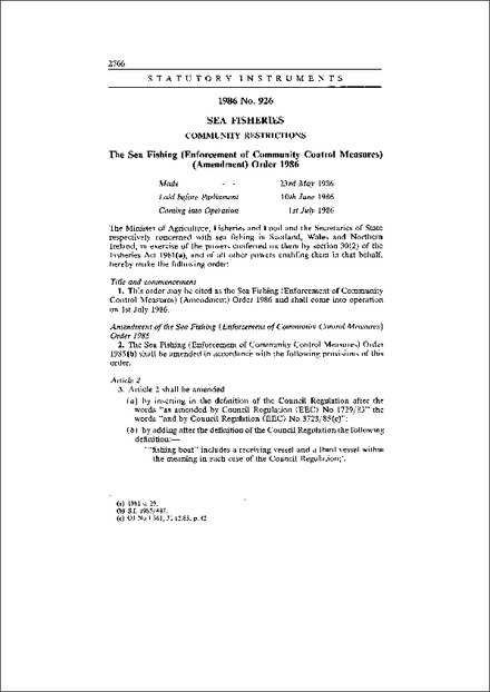 The Sea Fishing (Enforcement of Community Control Measures) (Amendment) Order 1986