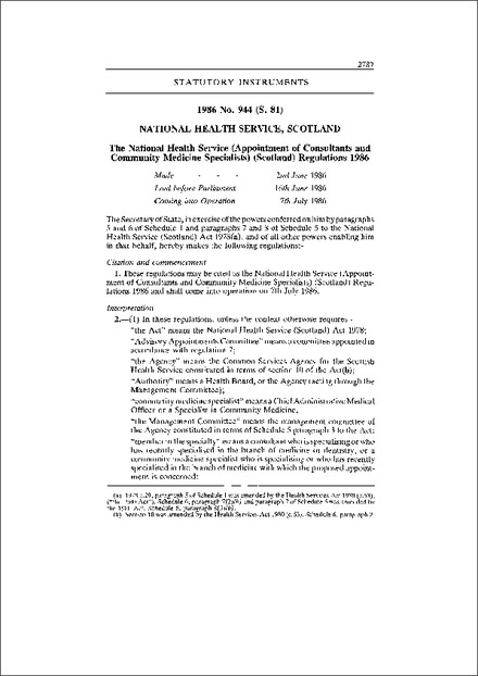 The National Health Service (Appointment of Consultants and Community Medicine Specialists) (Scotland) Regulations 1986