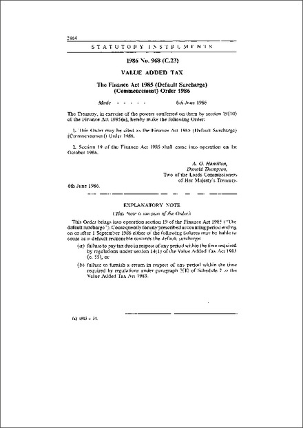 The Finance Act 1985 (Default Surcharge) (Commencement) Order 1986