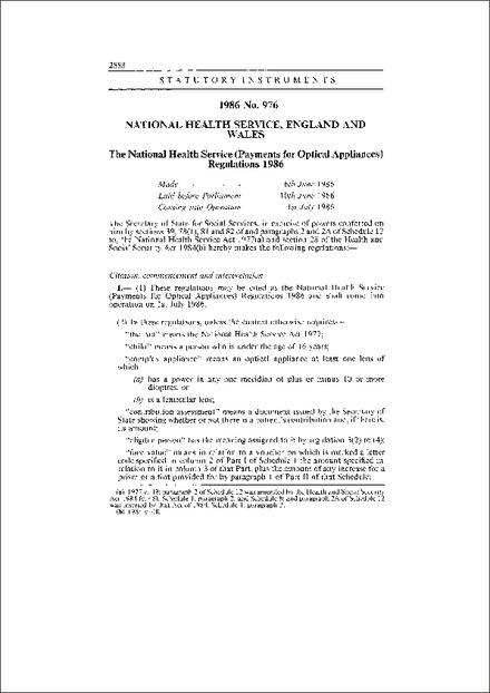 The National Health Service (Payments for Optical Appliances) Regulations 1986
