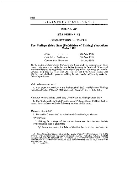 The Scallops (Irish Sea) (Prohibition of Fishing) (Variation) Order 1986