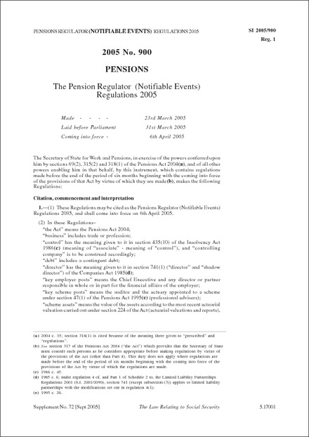 The Pension Regulator (Notifiable Events) Regulations 2005