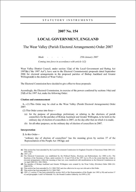 The Wear Valley (Parish Electoral Arrangements) Order 2007