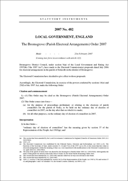 The Bromsgrove (Parish Electoral Arrangements) Order 2007
