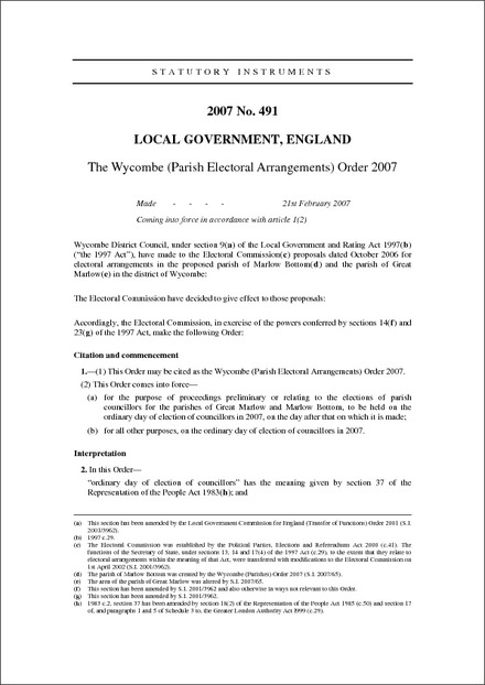 The Wycombe (Parish Electoral Arrangements) Order 2007