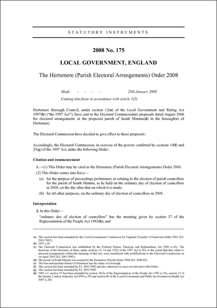 The Hertsmere (Parish Electoral Arrangements) Order 2008