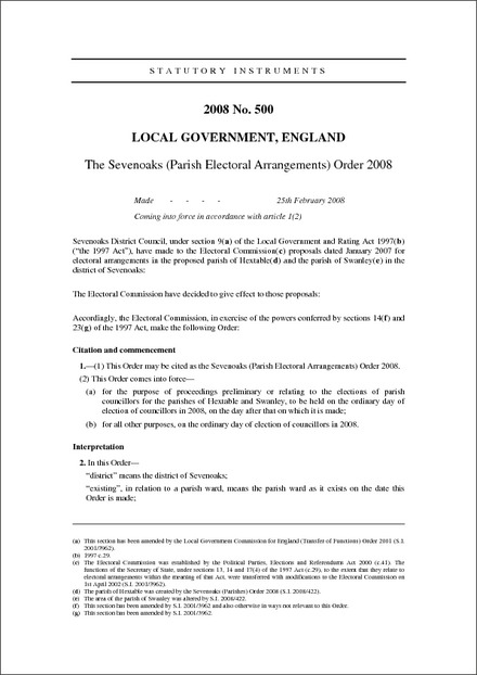 The Sevenoaks (Parish Electoral Arrangements) Order 2008