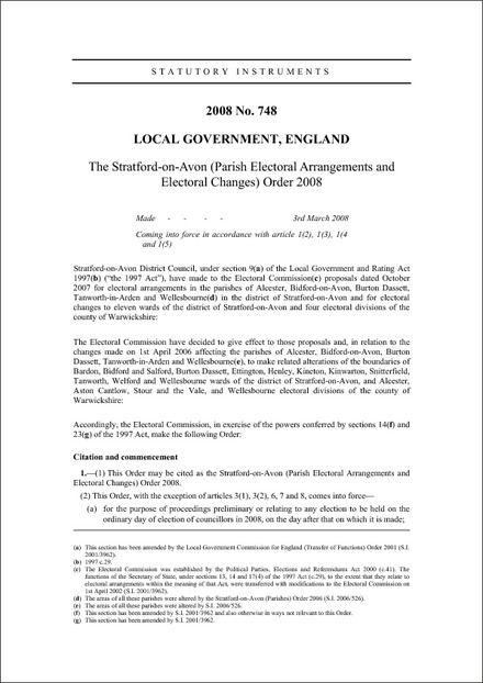 The Stratford-on-Avon (Parish Electoral Arrangements and Electoral Changes) Order 2008