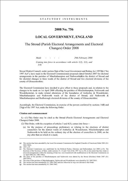 The Stroud (Parish Electoral Arrangements and Electoral Changes) Order 2008