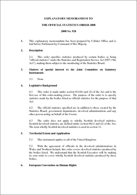 the official statistics order 2008 explanatory memorandum official memorandum